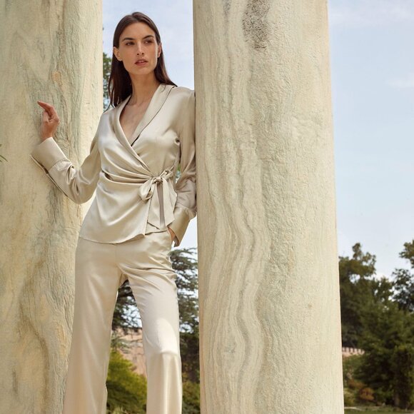 LILYSILK Wrap Tie Waist Blazer Blouse 6 "Light Apricot" Beige Mulberry Silk - Picture 2 of 14